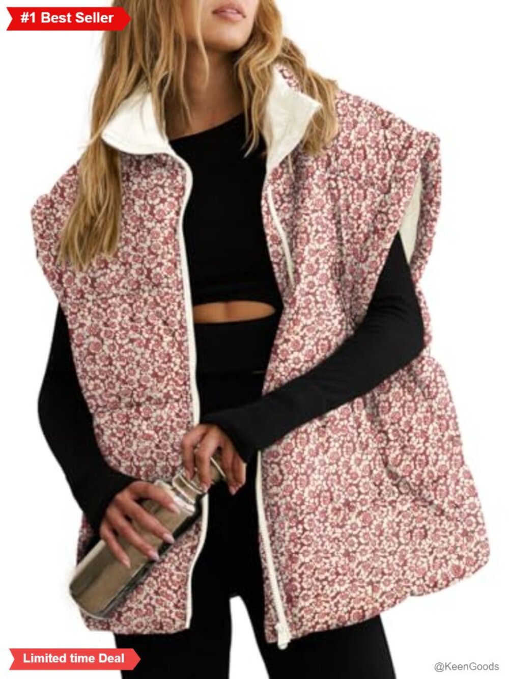 Women's Floral Quilted Puffer Vest Oversized Zip Cap Sleeve
